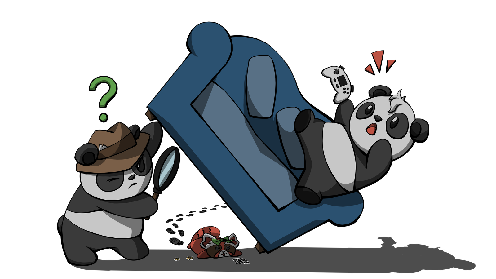 Off The Couch panda looking under the couch
