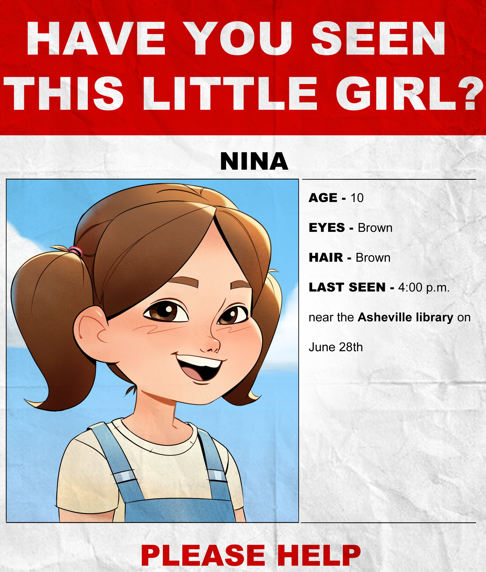 Missing flyer for Nina: age 10, brown eyes, brown hair, last seen 4:00 PM near the Asheville library on June 28